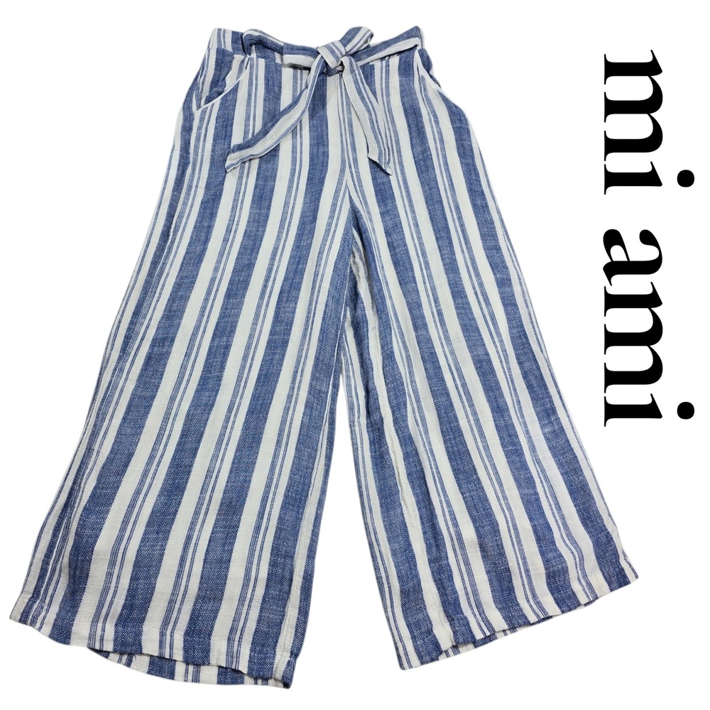 Mi Ami Pants Women L Blue White Rayon Linen Stripe Wide Leg Tie Waist Coastal